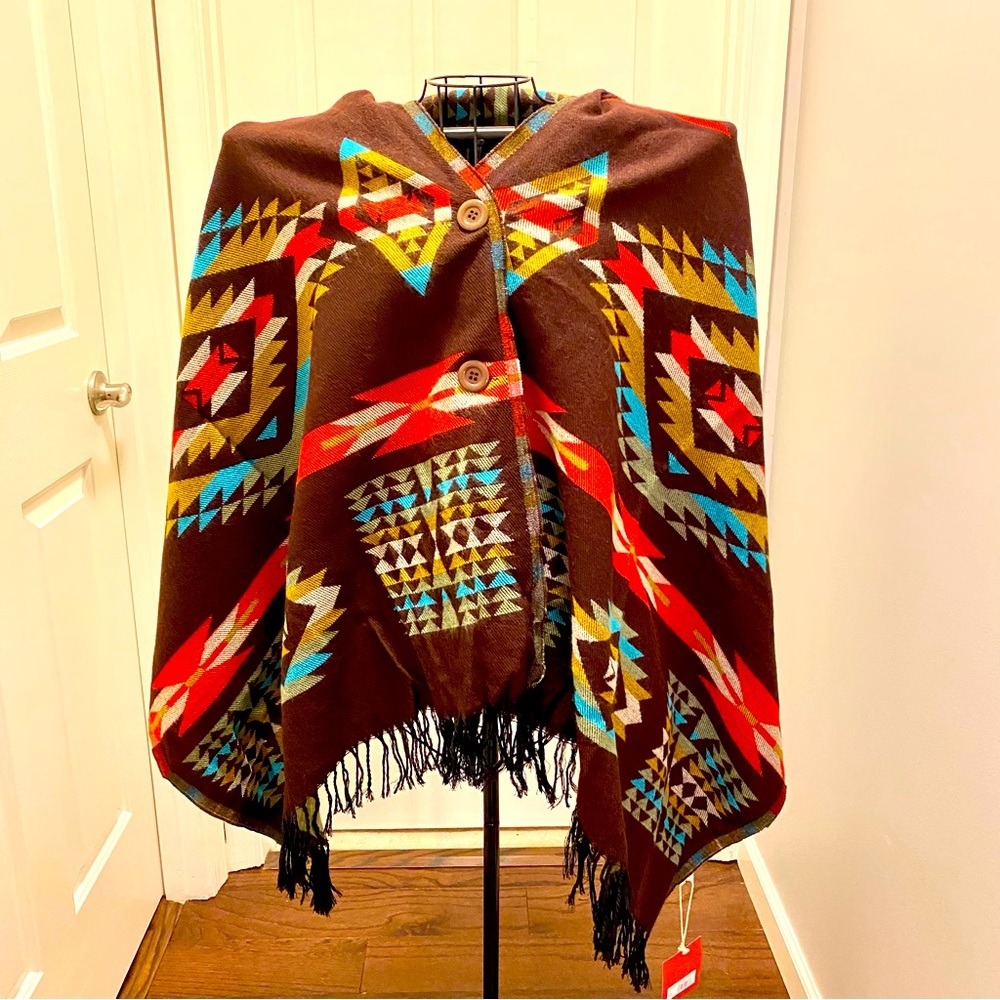 Aztec Hooded Poncho with Button Front